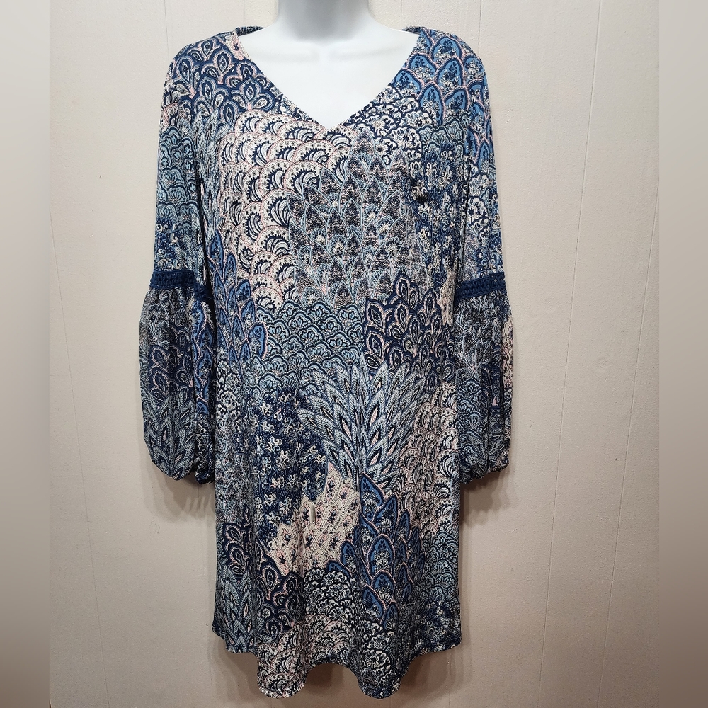Westport Dress XS Blue Boho Stretch Peacock Knee Length Lightweight Casual B460